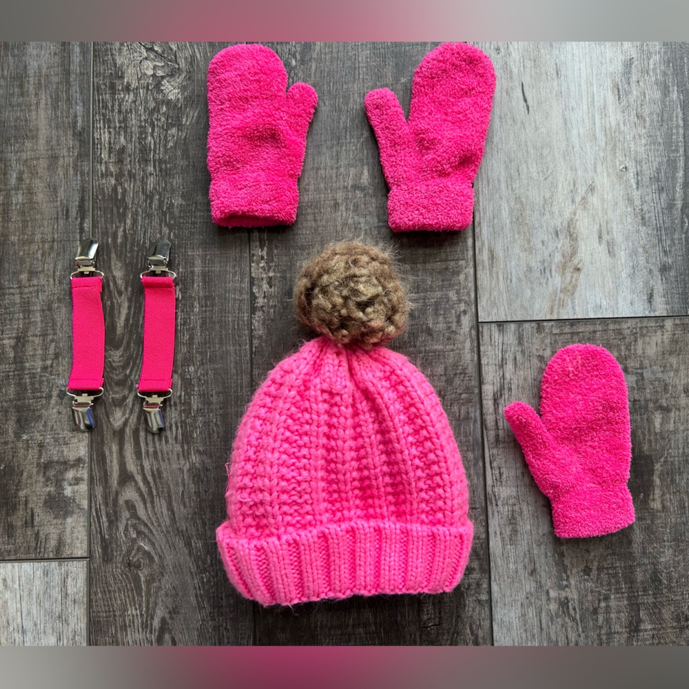 Cozy Hot Pink Kids Hat & Mittens with clip-on mitten keepers & spare mitten